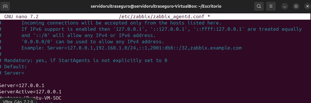 Fichero zabbix_agentd.conf con Server y ServerActive configurados